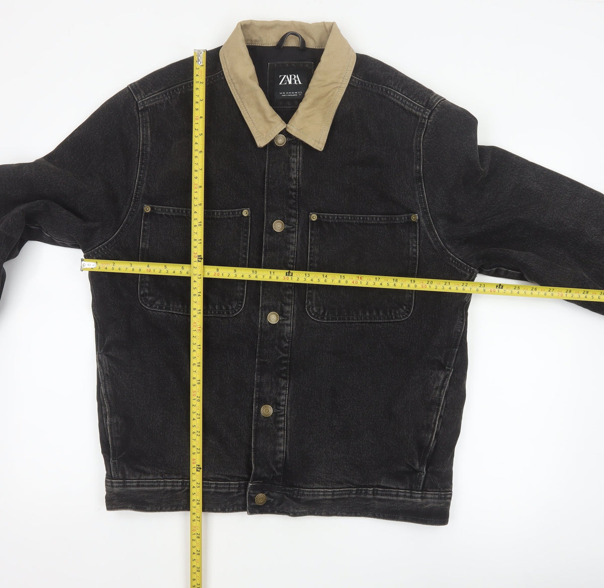 Zara Men Black Denim Jacket M Beige Collar Button Front Workwear