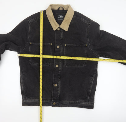 Zara Men Black Denim Jacket M Beige Collar Button Front Workwear