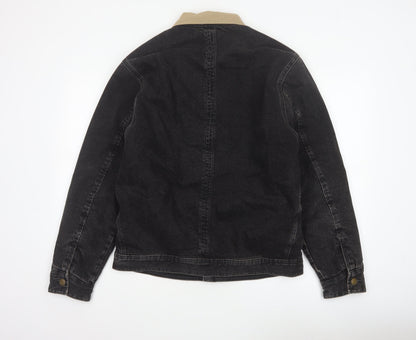 Zara Men Black Denim Jacket M Beige Collar Button Front Workwear
