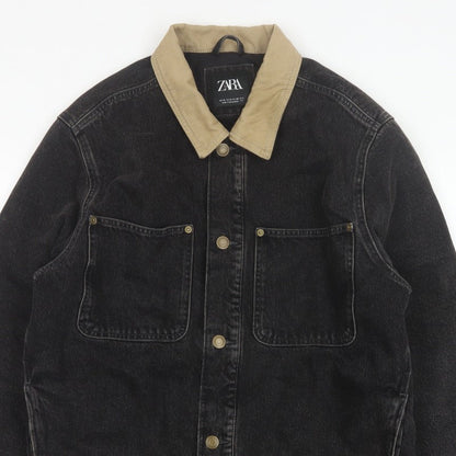 Zara Men Black Denim Jacket M Beige Collar Button Front Workwear