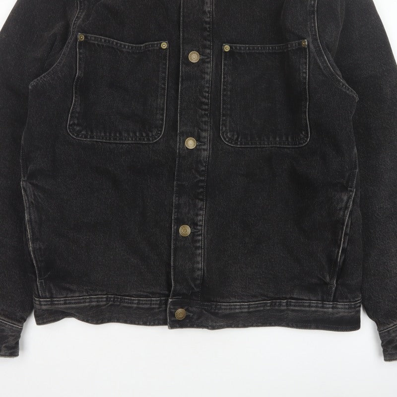Zara Men Black Denim Jacket M Beige Collar Button Front Workwear