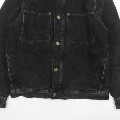 Zara Men Black Denim Jacket M Beige Collar Button Front Workwear