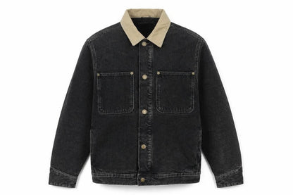 Zara Men Black Denim Jacket M Beige Collar Button Front Workwear