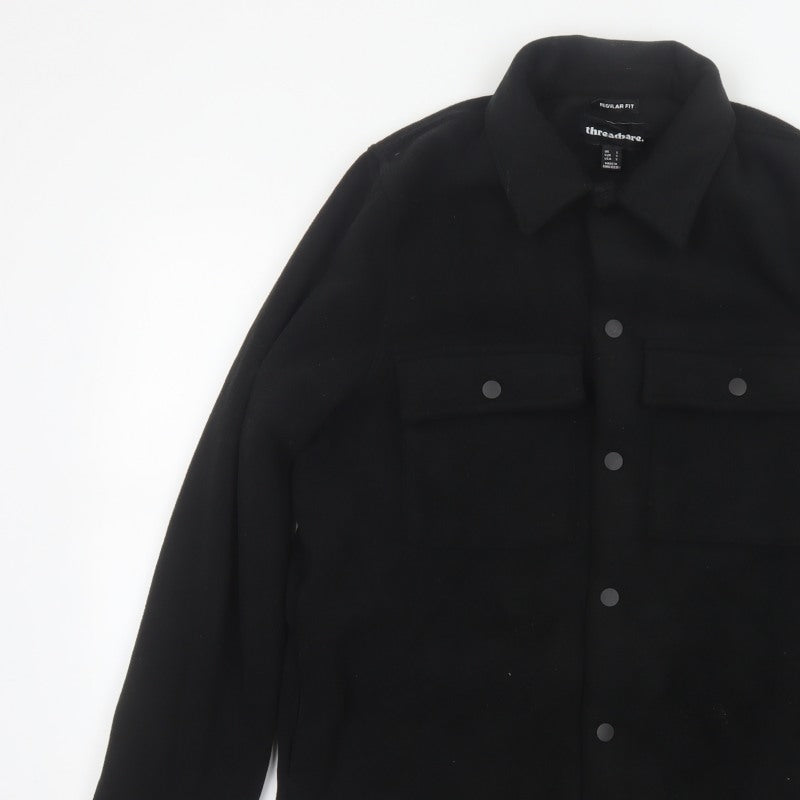 Threadbare Men Black S Regular Fit Fleece Snap Button-Up Overshirt