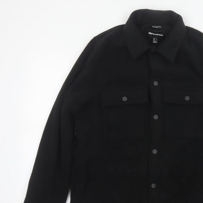Threadbare Men Black S Regular Fit Fleece Snap Button-Up Overshirt