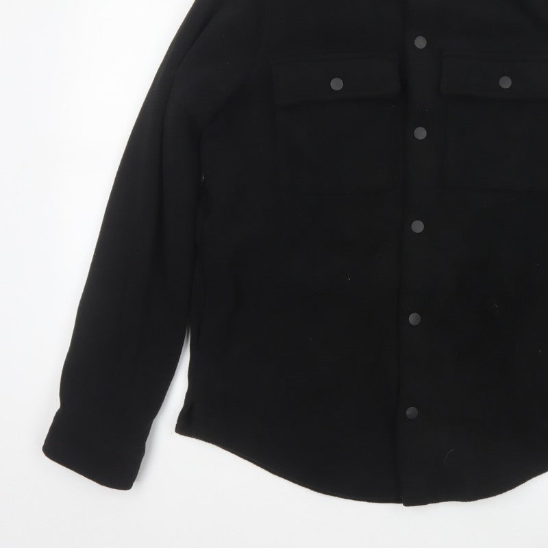 Threadbare Men Black S Regular Fit Fleece Snap Button-Up Overshirt
