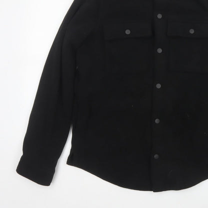 Threadbare Men Black S Regular Fit Fleece Snap Button-Up Overshirt
