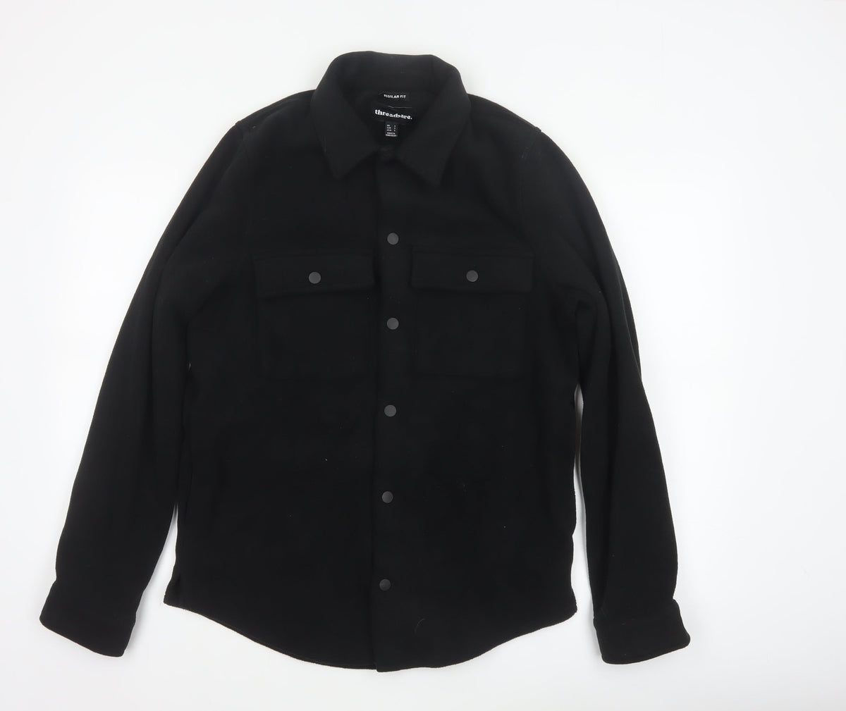 Threadbare Men Black S Regular Fit Fleece Snap Button-Up Overshirt