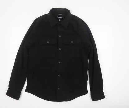 Threadbare Men Black S Regular Fit Fleece Snap Button-Up Overshirt