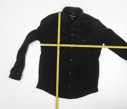 Threadbare Men Black S Regular Fit Fleece Snap Button-Up Overshirt