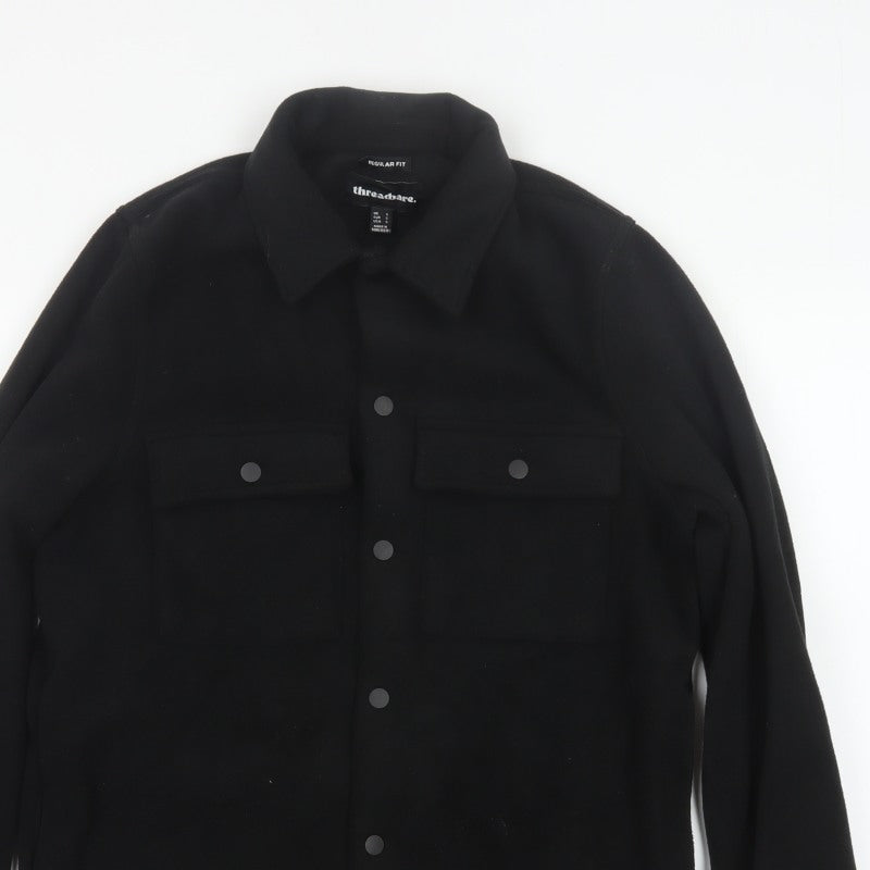 Threadbare Men Black S Regular Fit Fleece Snap Button-Up Overshirt