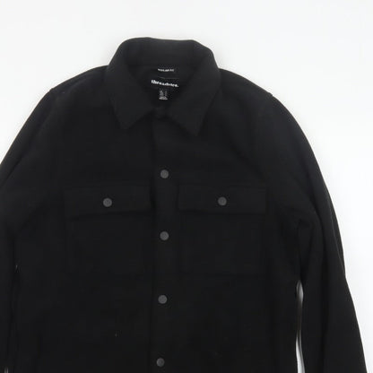 Threadbare Men Black S Regular Fit Fleece Snap Button-Up Overshirt