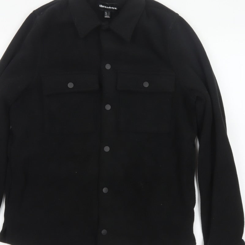 Threadbare Men Black S Regular Fit Fleece Snap Button-Up Overshirt