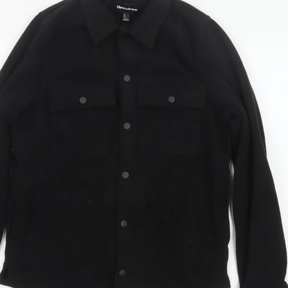 Threadbare Men Black S Regular Fit Fleece Snap Button-Up Overshirt