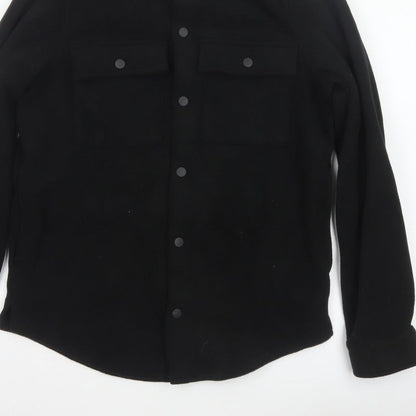 Threadbare Men Black S Regular Fit Fleece Snap Button-Up Overshirt