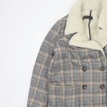 Zara Basic Women Grey Check Faux Shearling Pea Coat XL