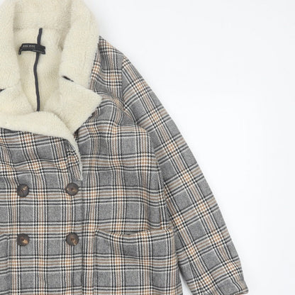 Zara Basic Women Grey Check Faux Shearling Pea Coat XL