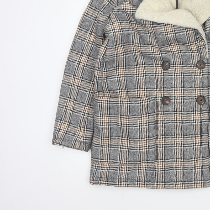 Zara Basic Women Grey Check Faux Shearling Pea Coat XL