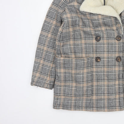Zara Basic Women Grey Check Faux Shearling Pea Coat XL