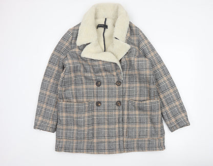 Zara Basic Women Grey Check Faux Shearling Pea Coat XL