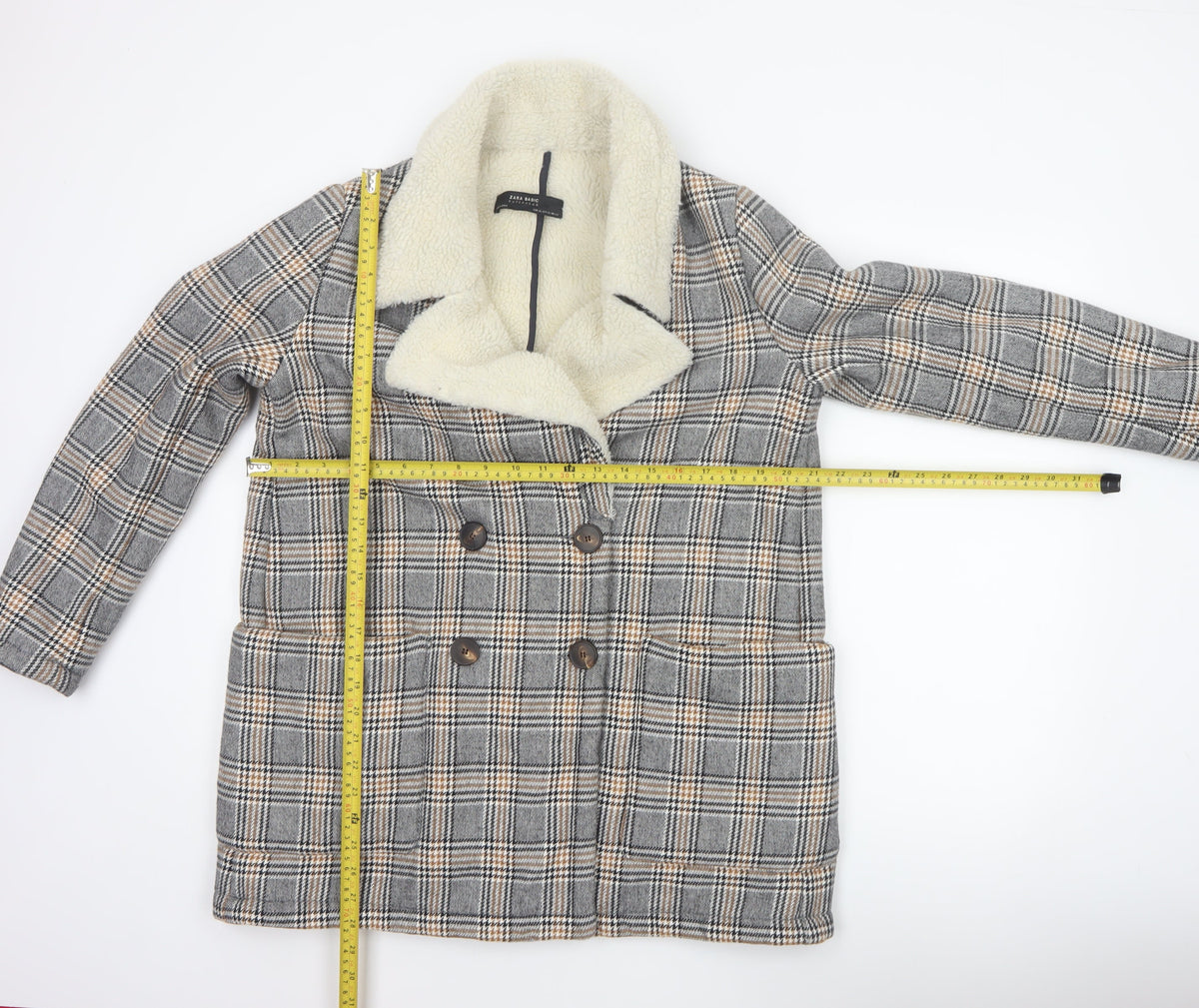 Zara Basic Women Grey Check Faux Shearling Pea Coat XL