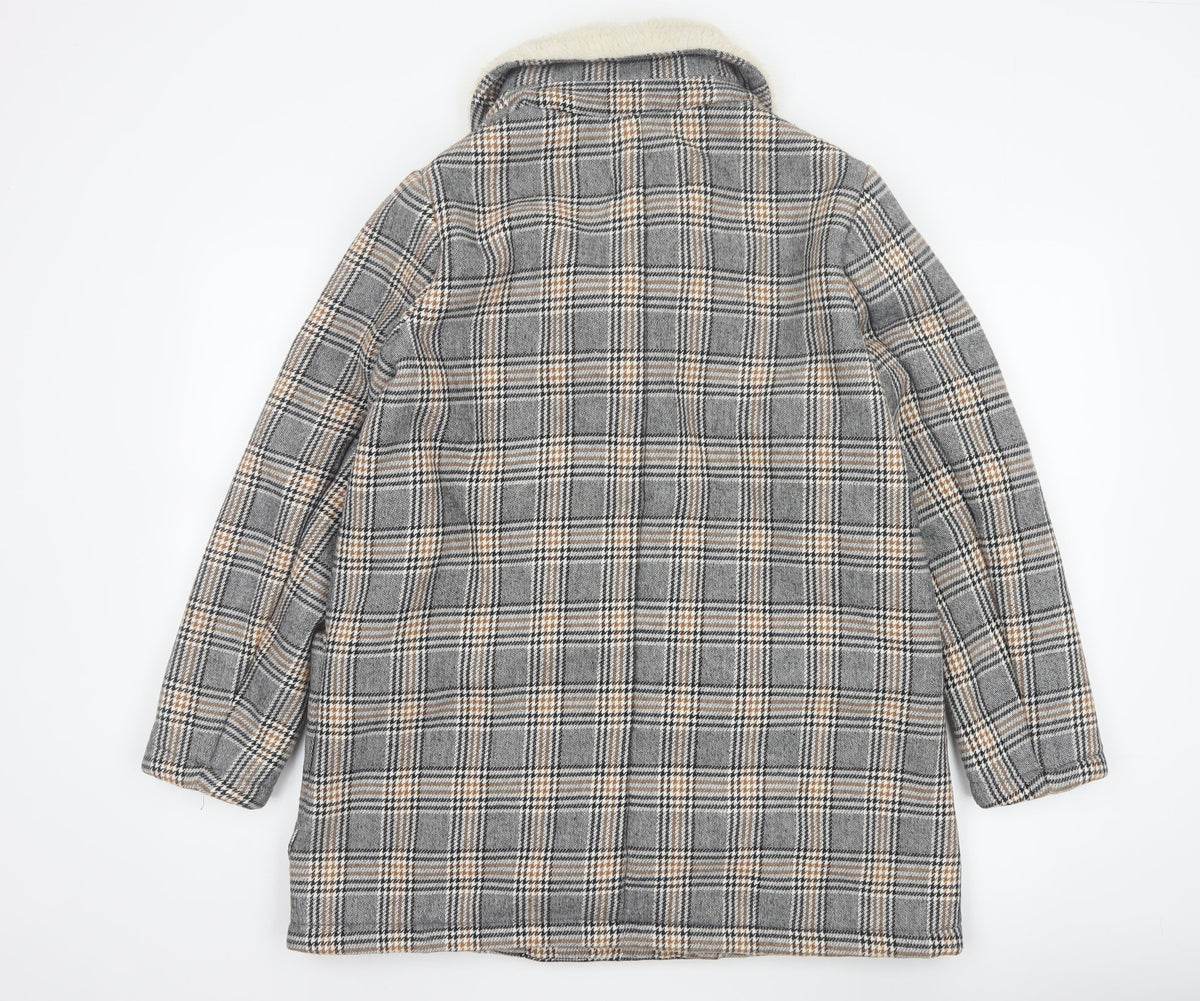 Zara Basic Women Grey Check Faux Shearling Pea Coat XL