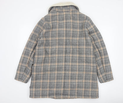 Zara Basic Women Grey Check Faux Shearling Pea Coat XL