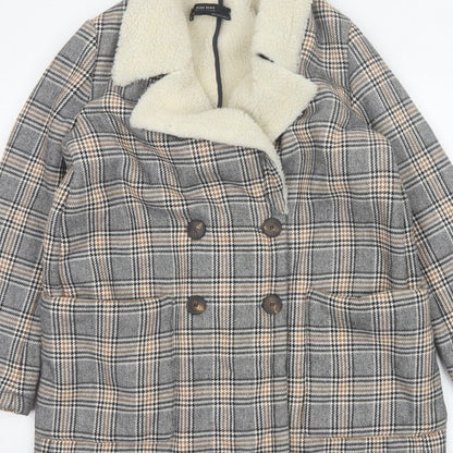Zara Basic Women Grey Check Faux Shearling Pea Coat XL