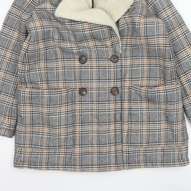 Zara Basic Women Grey Check Faux Shearling Pea Coat XL