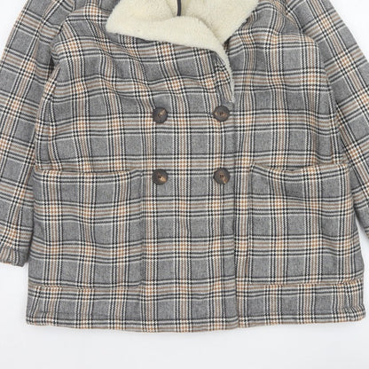 Zara Basic Women Grey Check Faux Shearling Pea Coat XL
