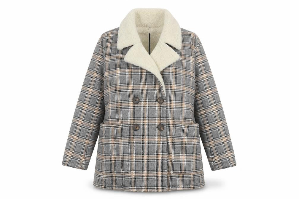 Zara Basic Women Grey Check Faux Shearling Pea Coat XL