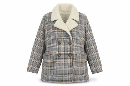 Zara Basic Women Grey Check Faux Shearling Pea Coat XL