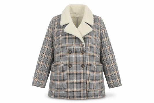 Zara Basic Women Grey Check Faux Shearling Pea Coat XL