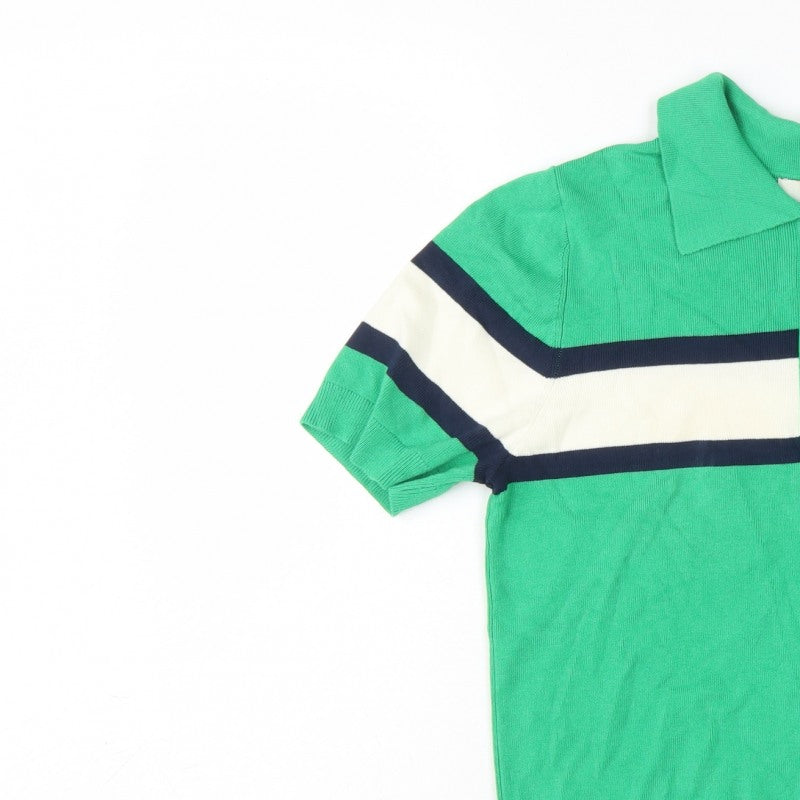 Marks & Spencer Women Green M Striped Knit Short Sleeve Polo Top
