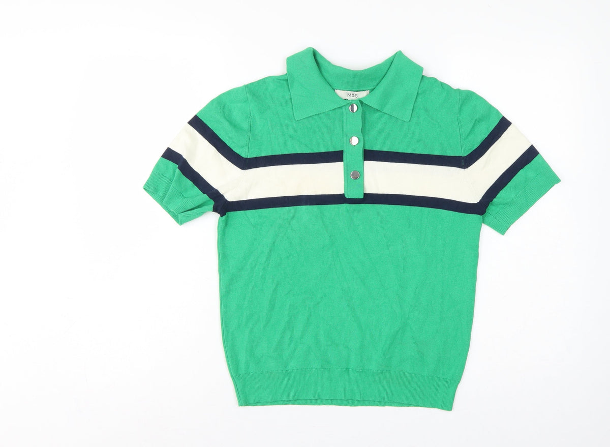 Marks & Spencer Women Green M Striped Knit Short Sleeve Polo Top