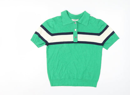 Marks & Spencer Women Green M Striped Knit Short Sleeve Polo Top