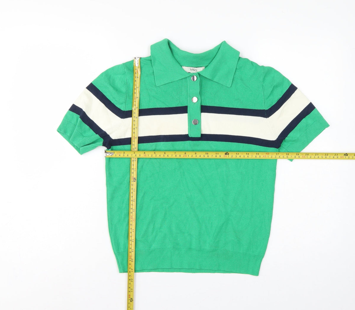 Marks & Spencer Women Green M Striped Knit Short Sleeve Polo Top