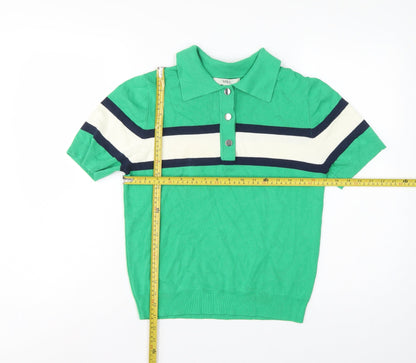 Marks & Spencer Women Green M Striped Knit Short Sleeve Polo Top