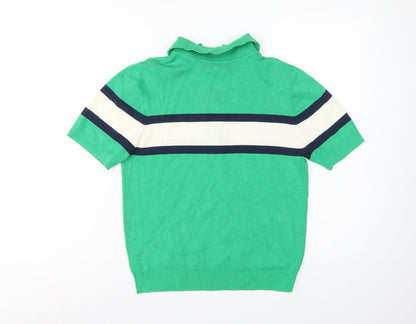 Marks & Spencer Women Green M Striped Knit Short Sleeve Polo Top