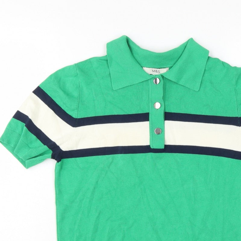 Marks & Spencer Women Green M Striped Knit Short Sleeve Polo Top