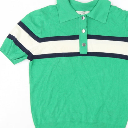 Marks & Spencer Women Green M Striped Knit Short Sleeve Polo Top