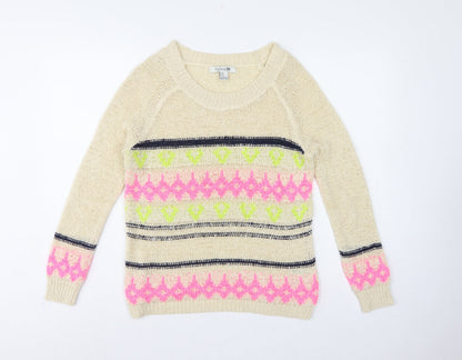 Forever 21 Women Beige M Geometric Open Knit Crew Neck Jumper