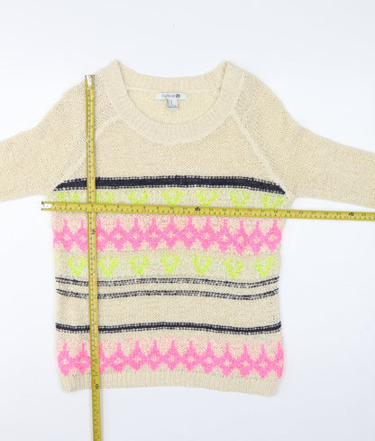 Forever 21 Women Beige M Geometric Open Knit Crew Neck Jumper
