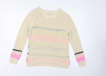 Forever 21 Women Beige M Geometric Open Knit Crew Neck Jumper