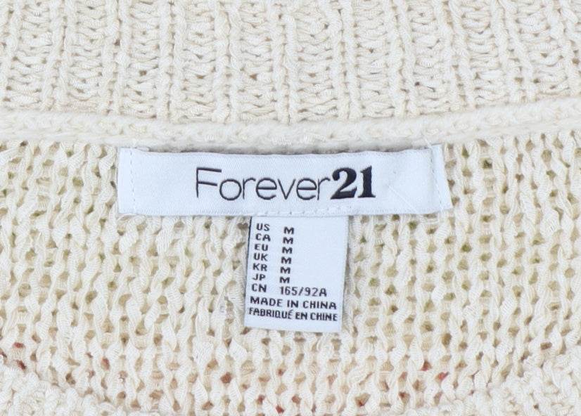 Forever 21 Women Beige M Geometric Open Knit Crew Neck Jumper