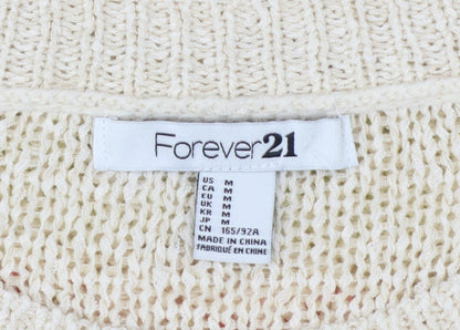 Forever 21 Women Beige M Geometric Open Knit Crew Neck Jumper