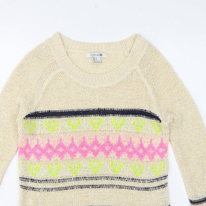Forever 21 Women Beige M Geometric Open Knit Crew Neck Jumper