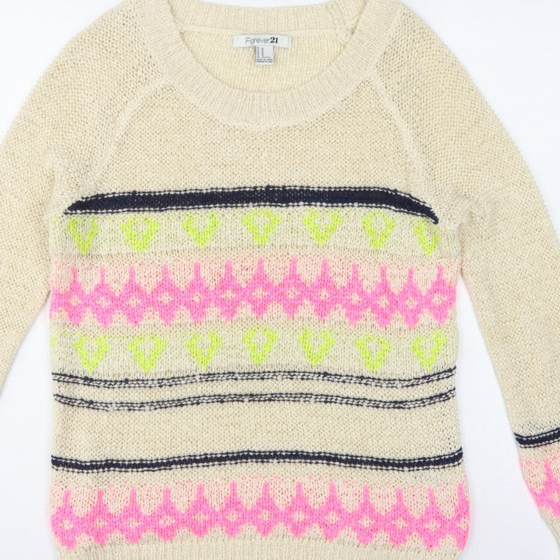 Forever 21 Women Beige M Geometric Open Knit Crew Neck Jumper