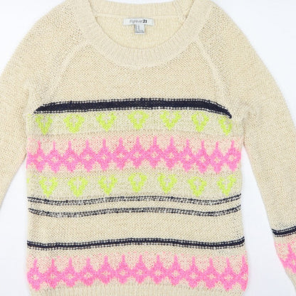 Forever 21 Women Beige M Geometric Open Knit Crew Neck Jumper
