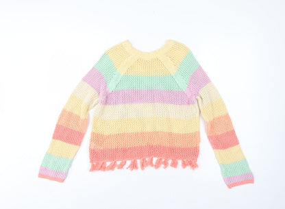 Next Girls Multicoloured 11 Years Cotton Knit Striped Tassel Pullover Jumper